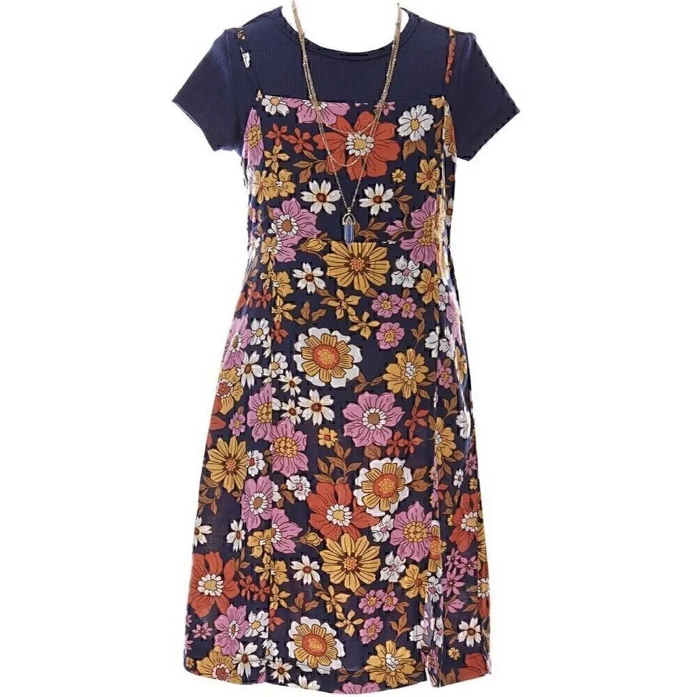 RARE EDITIONS 3pc Dress Set Girls Navy  Size 14 Top Necklace Floral Printed NEW